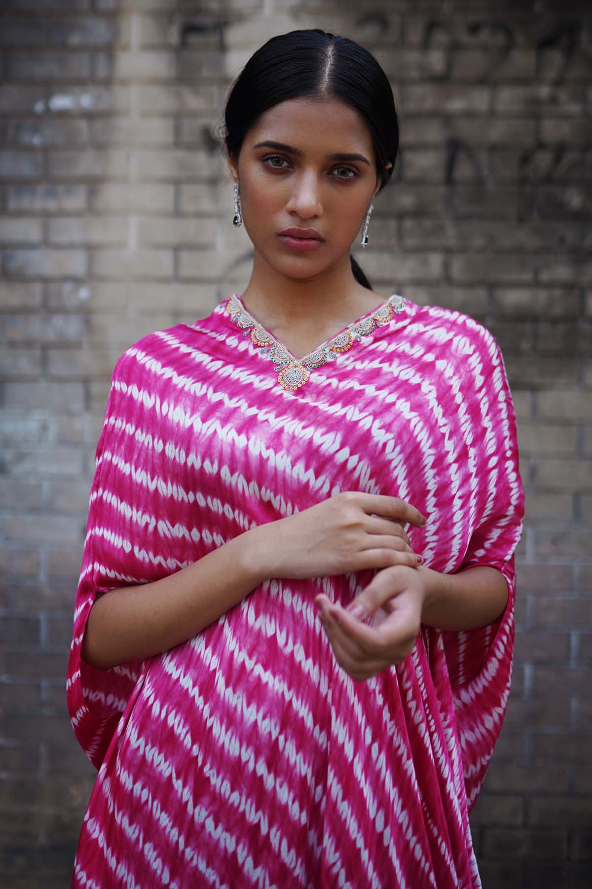 Bright Pink Leheriya Drape Kaftan