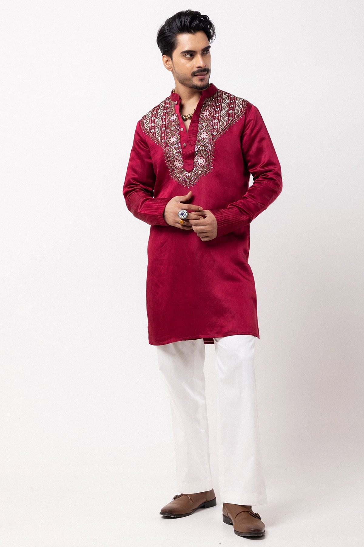 Buy Bright Maroon Emrboidery Kurta for men by Paarsh Atelier online available at scrollnshops
