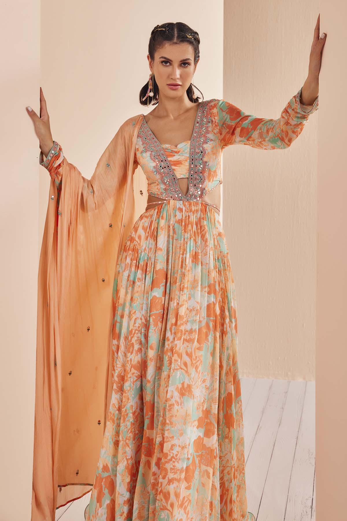 Buy Bright Orange Embroidered Anarkali Set by Mandira Wirk