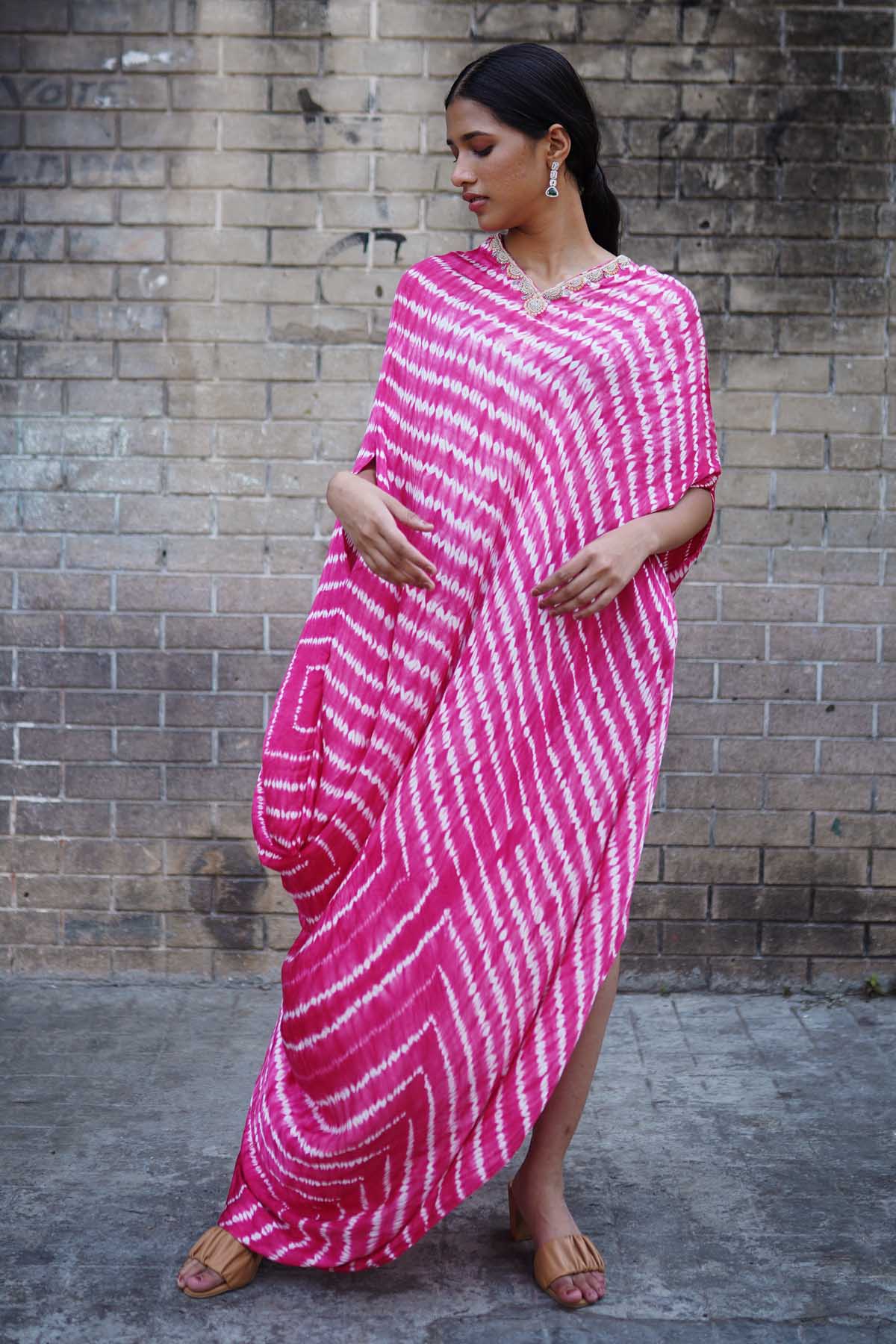 Buy Anamika Khandelwal Bright Pink Leheriya Drape Kaftan