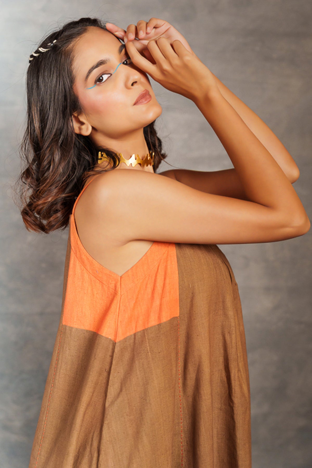 Bronze Cotton Flared Midi Dress