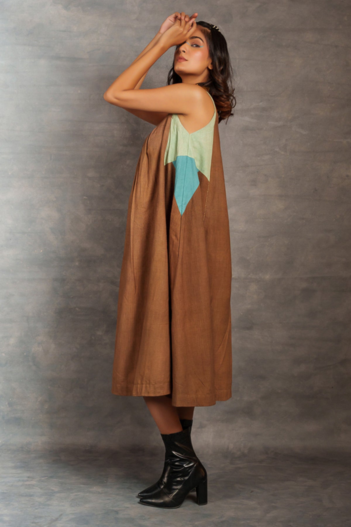 Bronze Cotton Flared Midi Dress