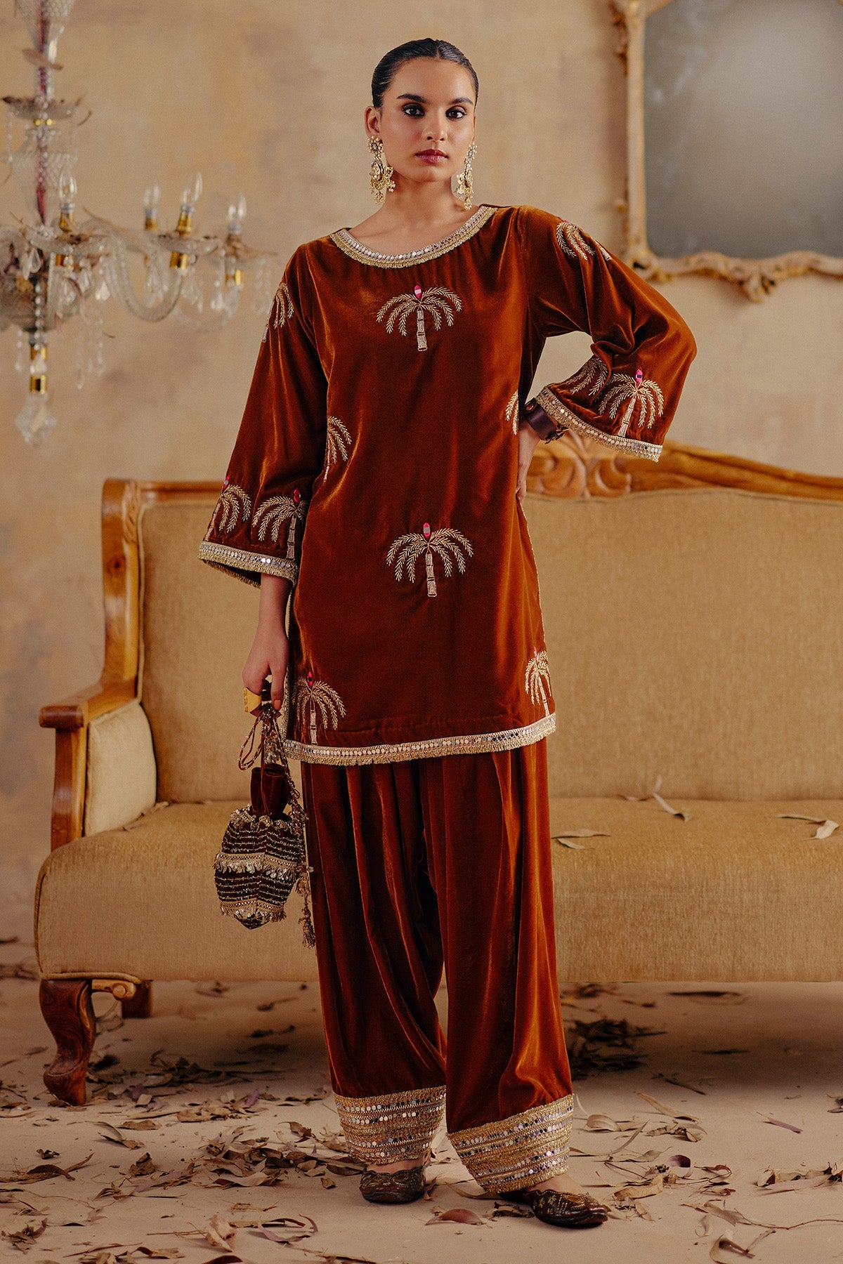 Buy Bronze Palm Tree Kurta & Pants for women by Ajiesh Oberoi online available at scrollnshops