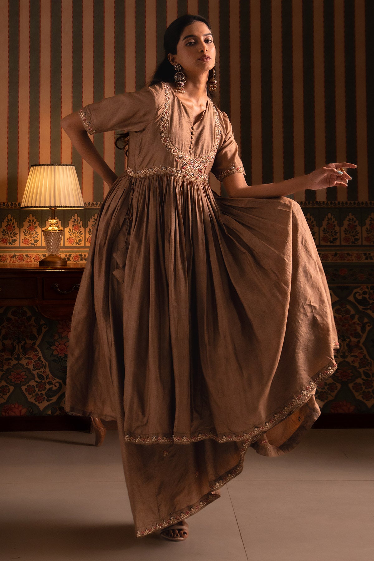 Bronze Pure Silk Anarkali Set