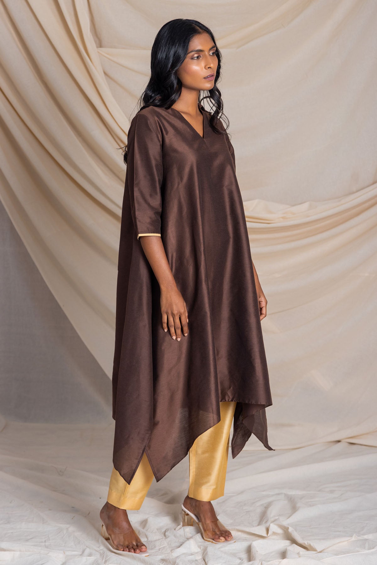 Brown Asymmetrical Kurta & Pants