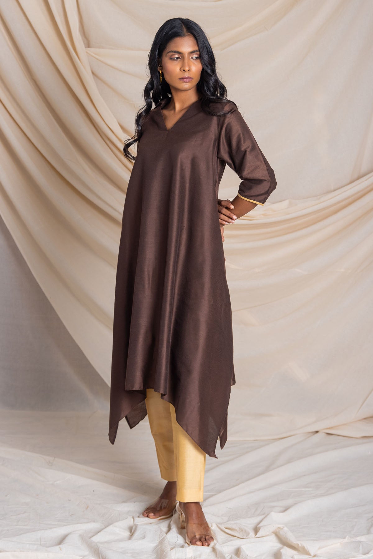 Brown Asymmetrical Kurta & Pants