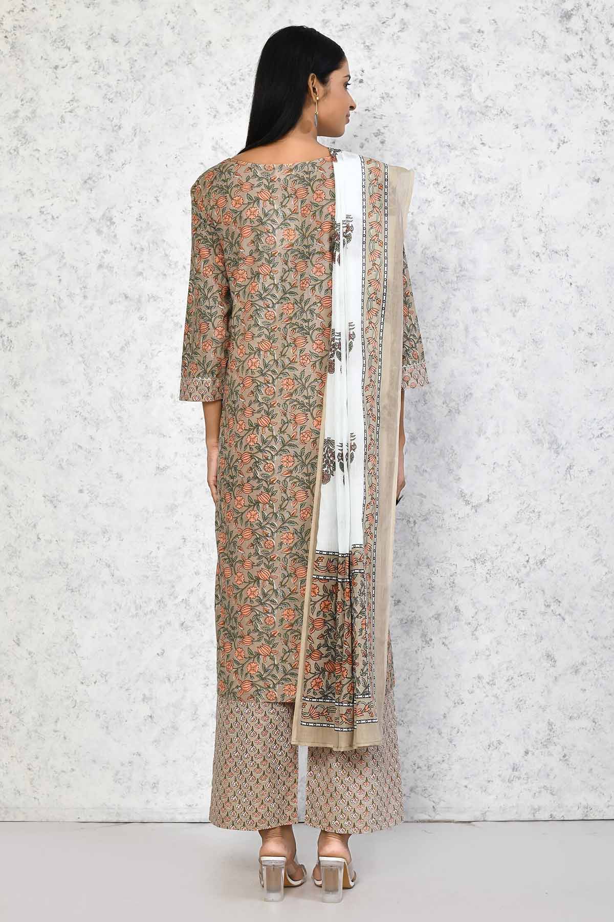 Brown Blossom Print Kurta Set