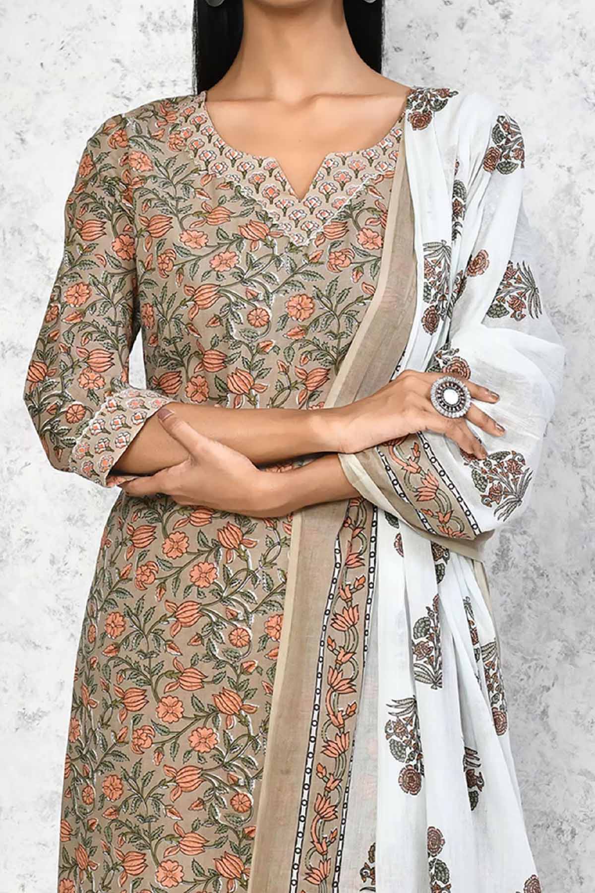Brown Blossom Print Kurta Set