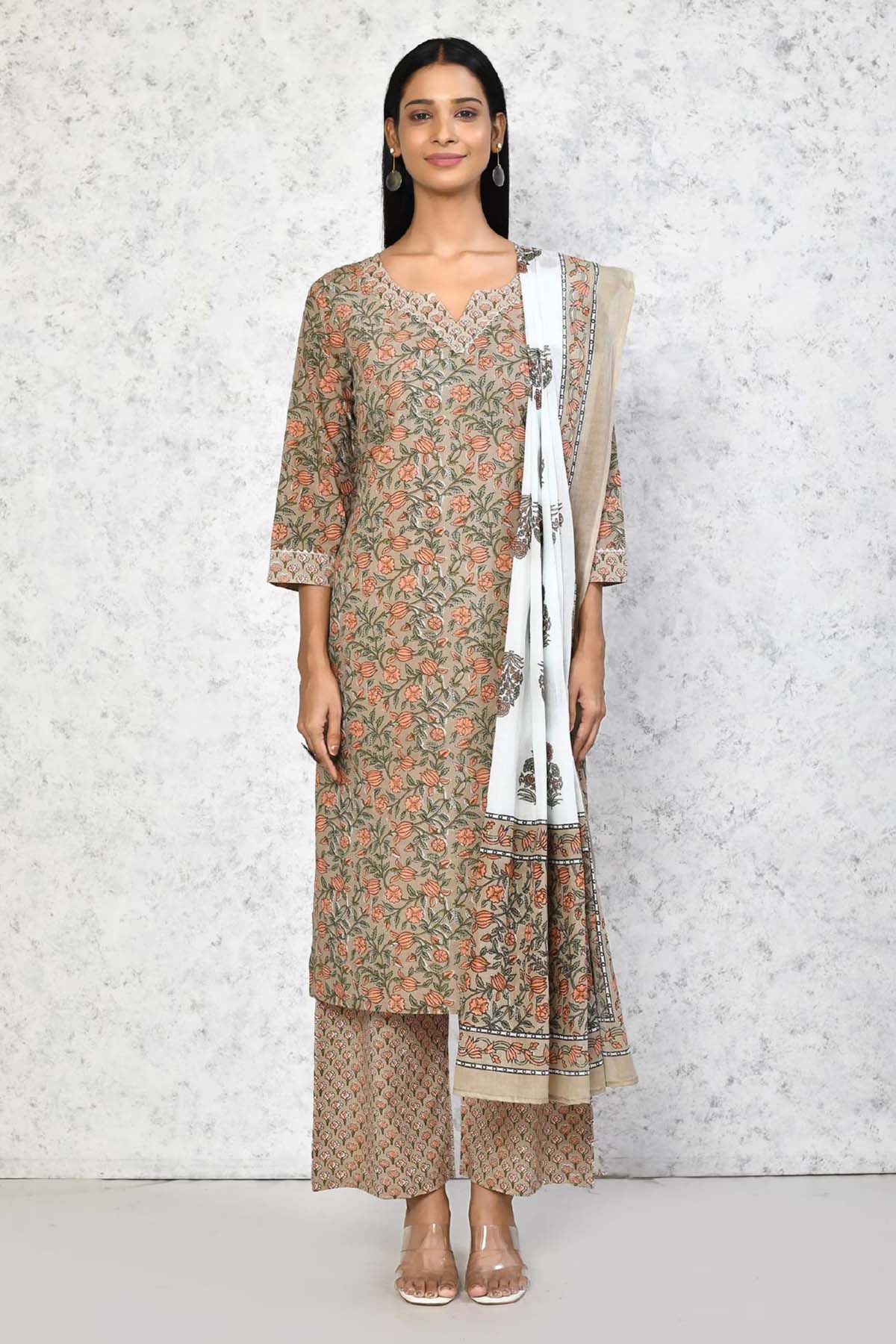 Brown Blossom Print Kurta Set