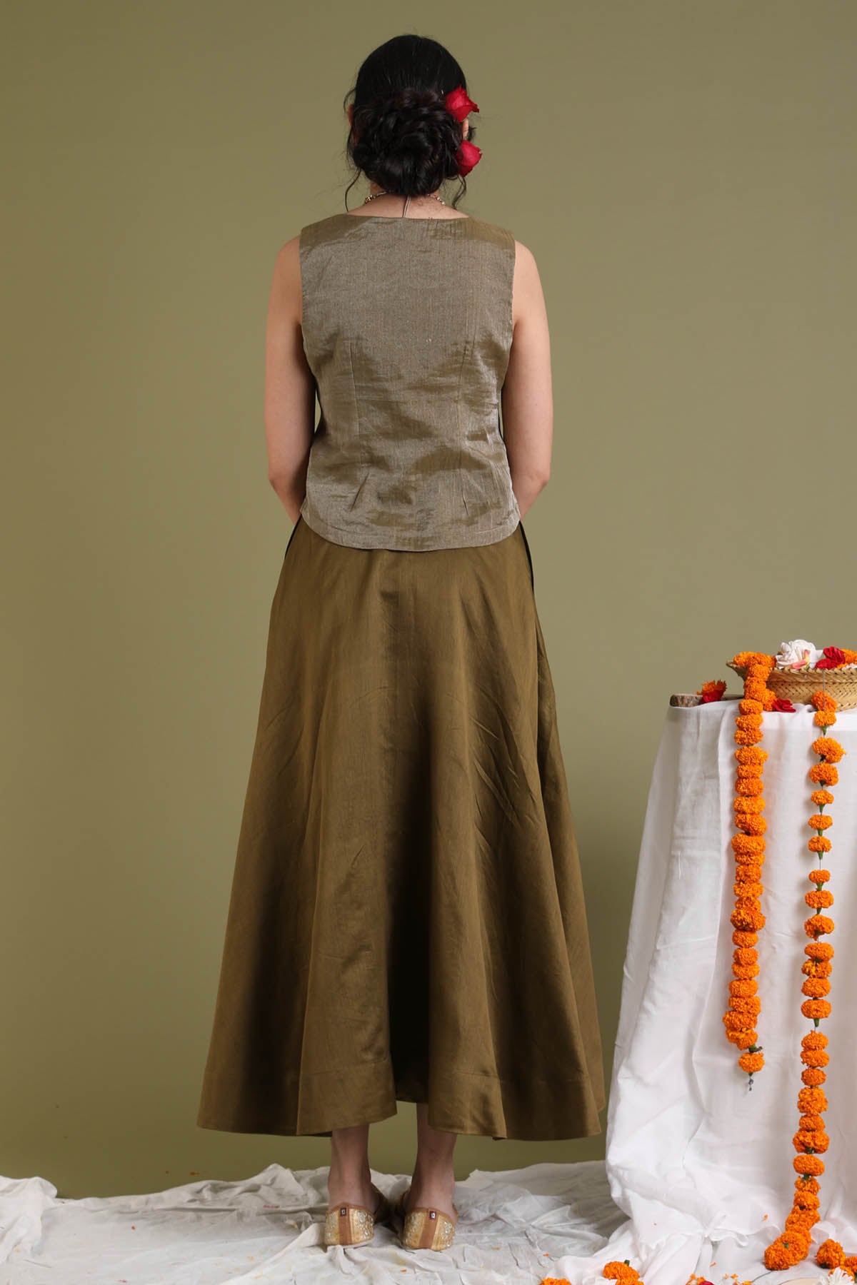 Brown Chanderi Flared Skirt