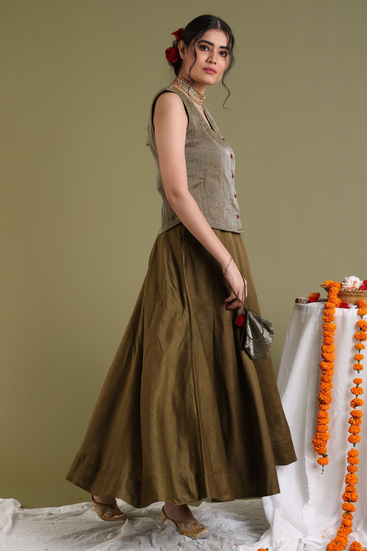 Brown Chanderi Flared Skirt