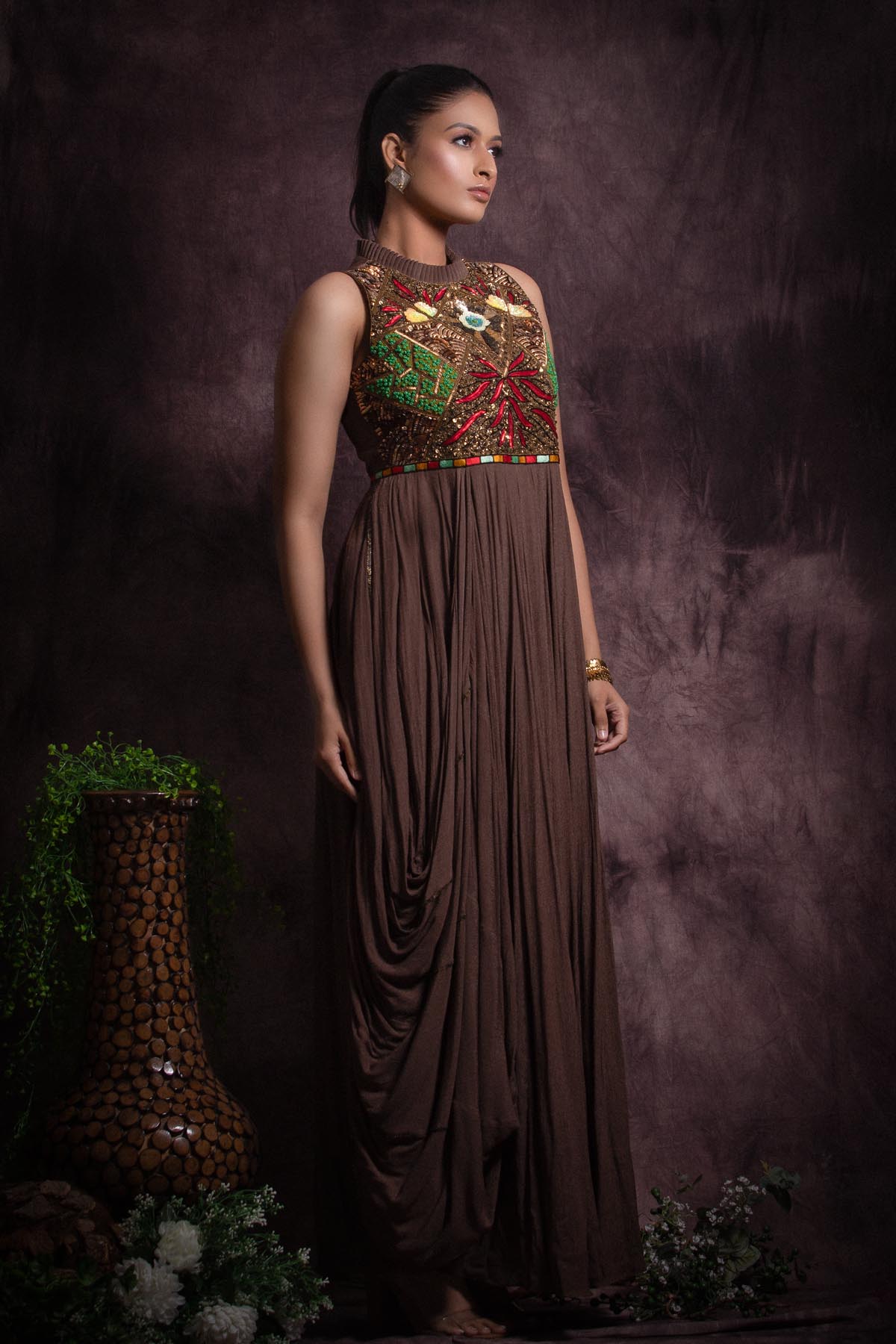 Brown Chinon Cowl Gown