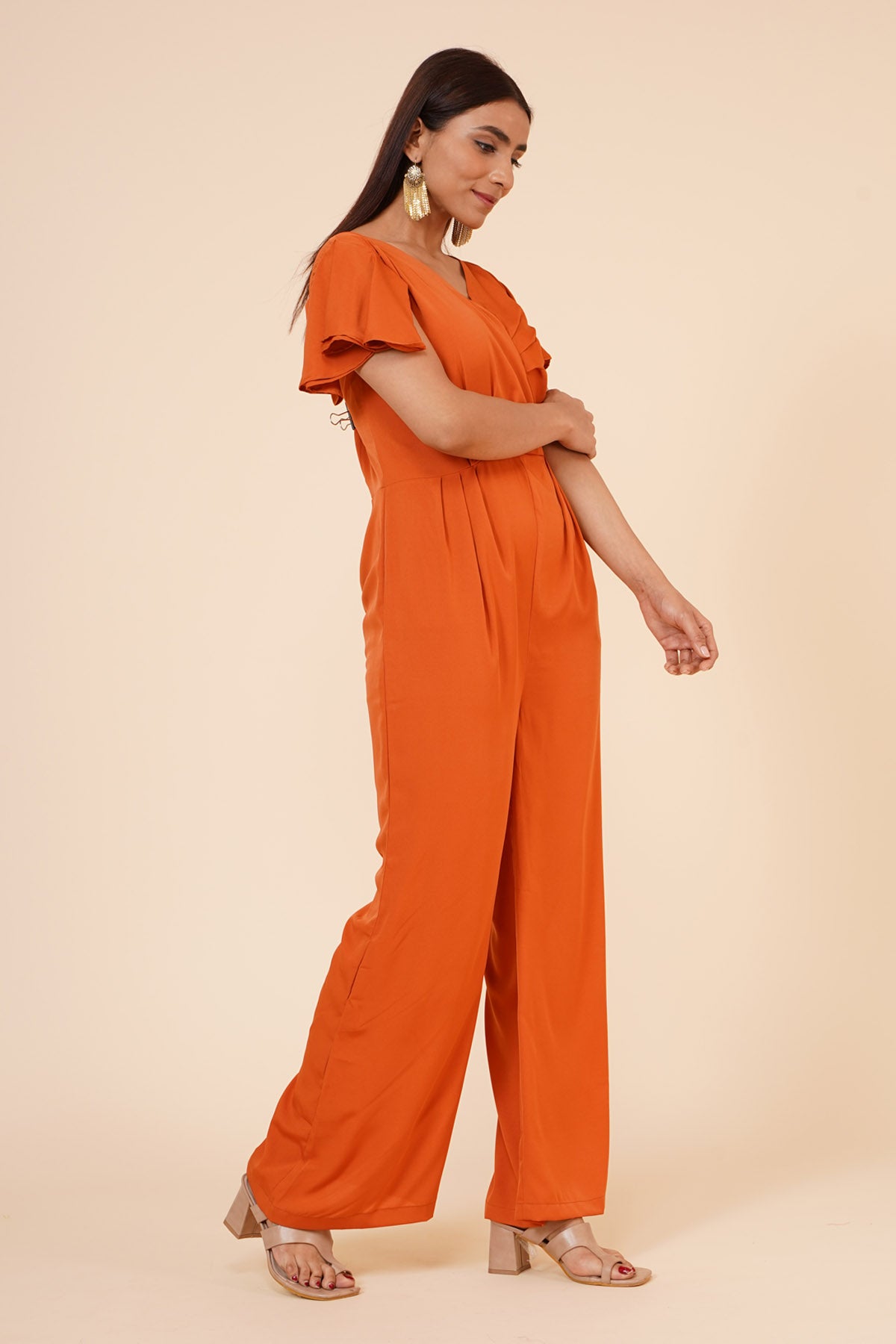 Brown Crepe Ruffle Jumpsuit