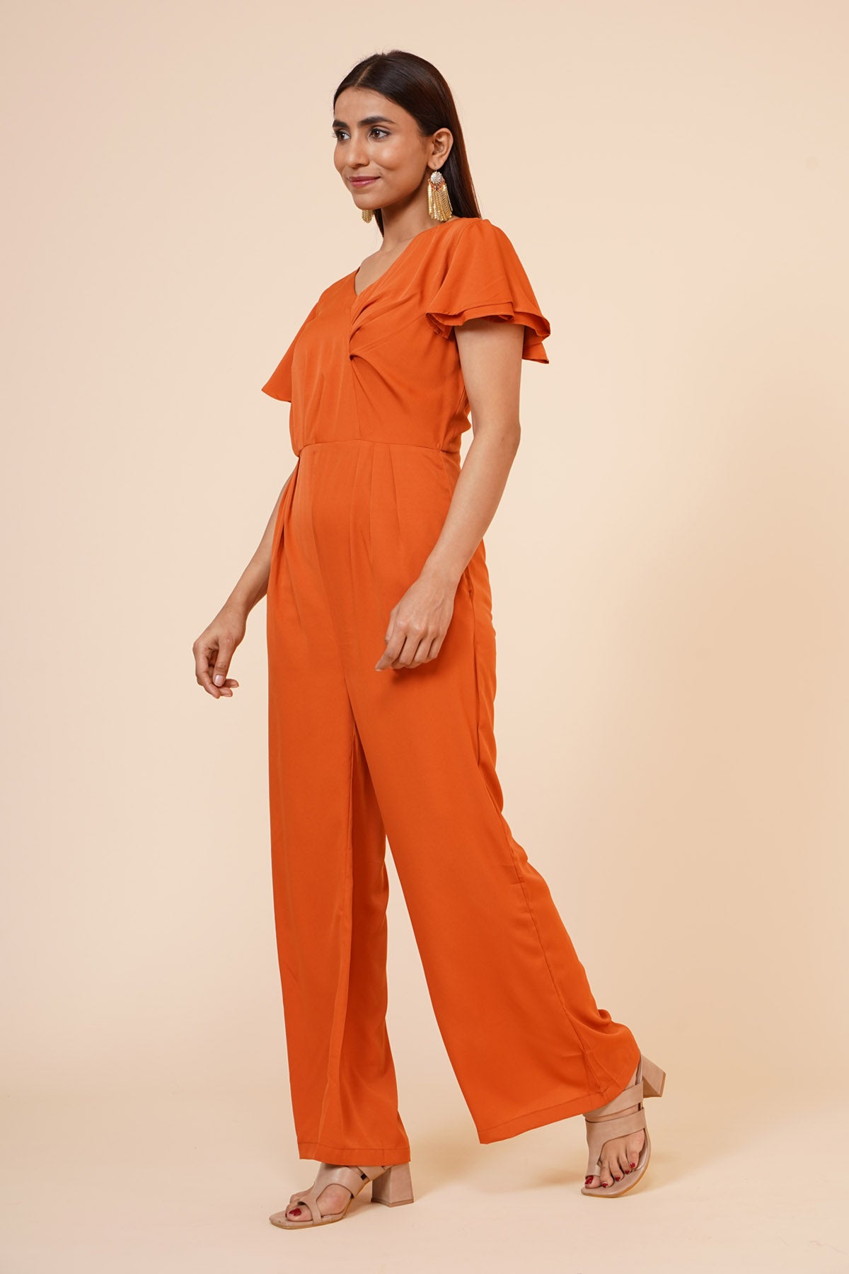 Brown Crepe Ruffle Jumpsuit