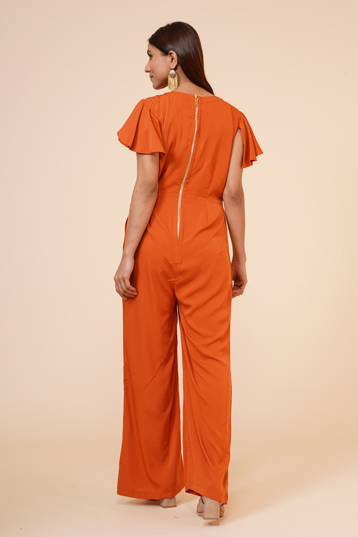 Brown Crepe Ruffle Jumpsuit