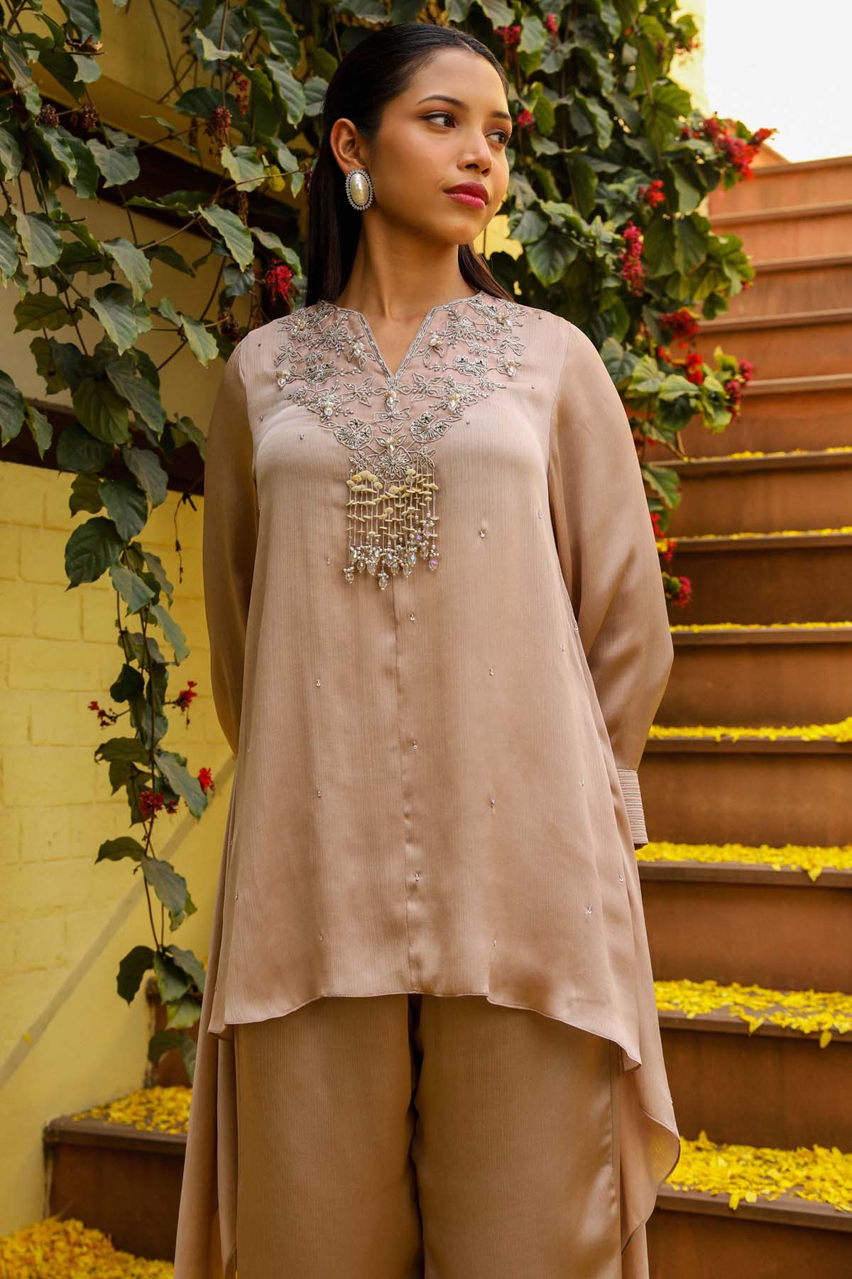Brown Crystal String Kaftan Set