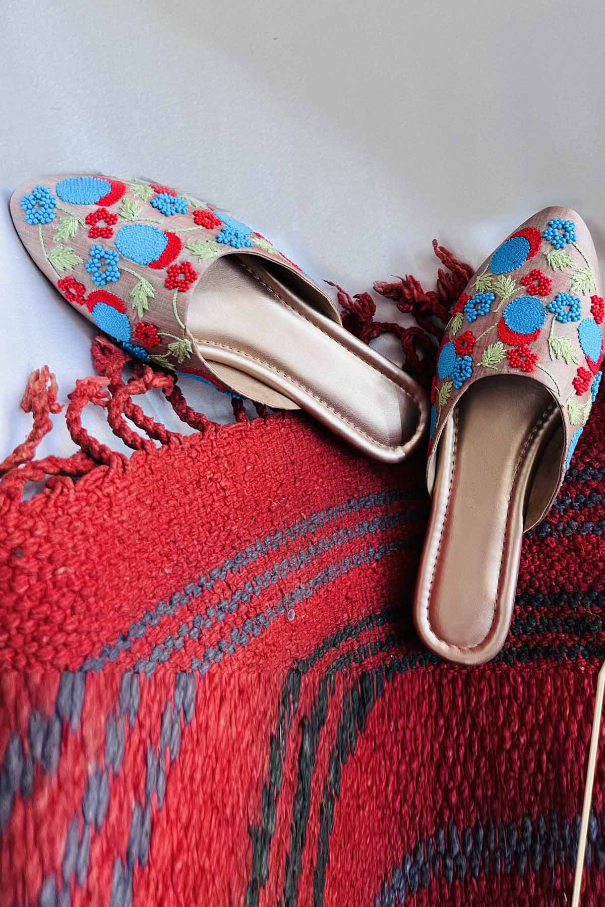 Brown Embroidered Flat Mules