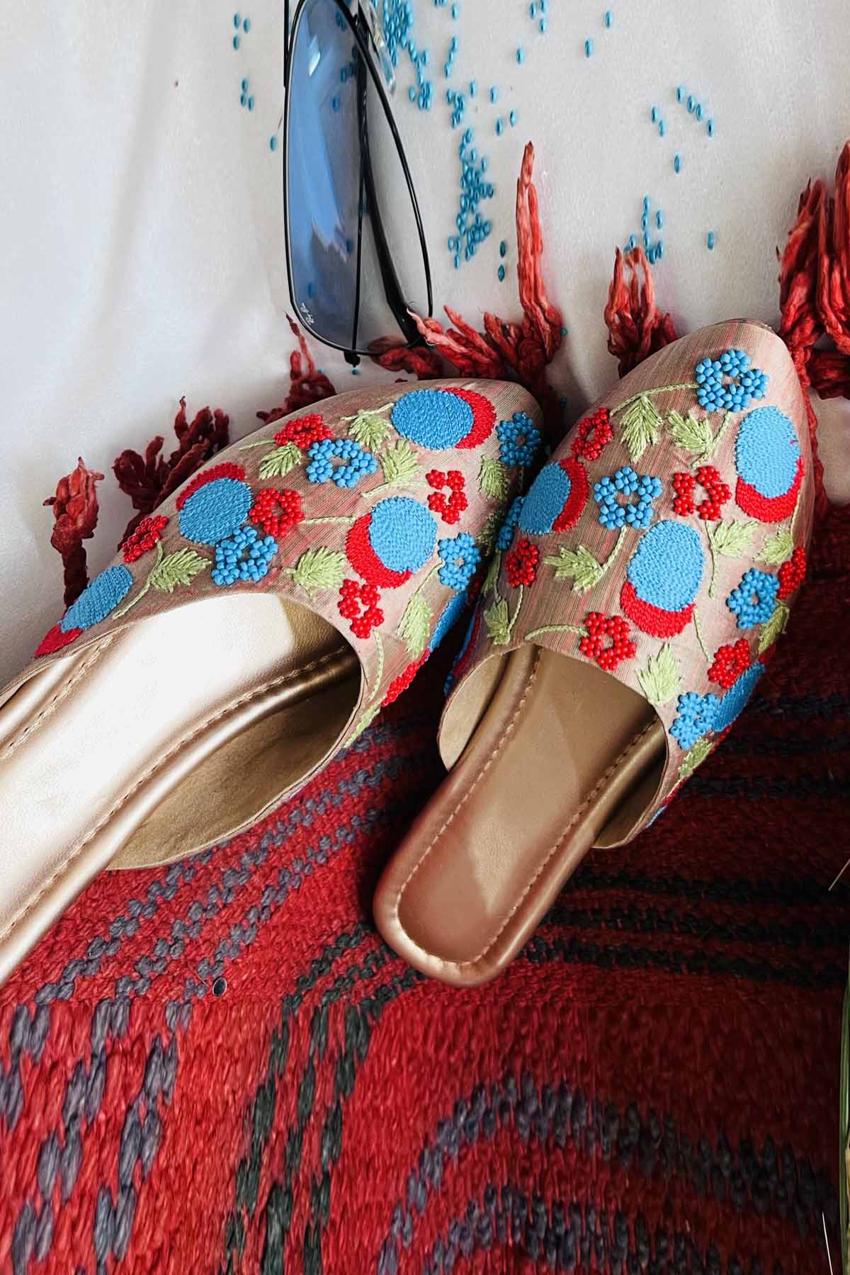 Brown Embroidered Flat Mules