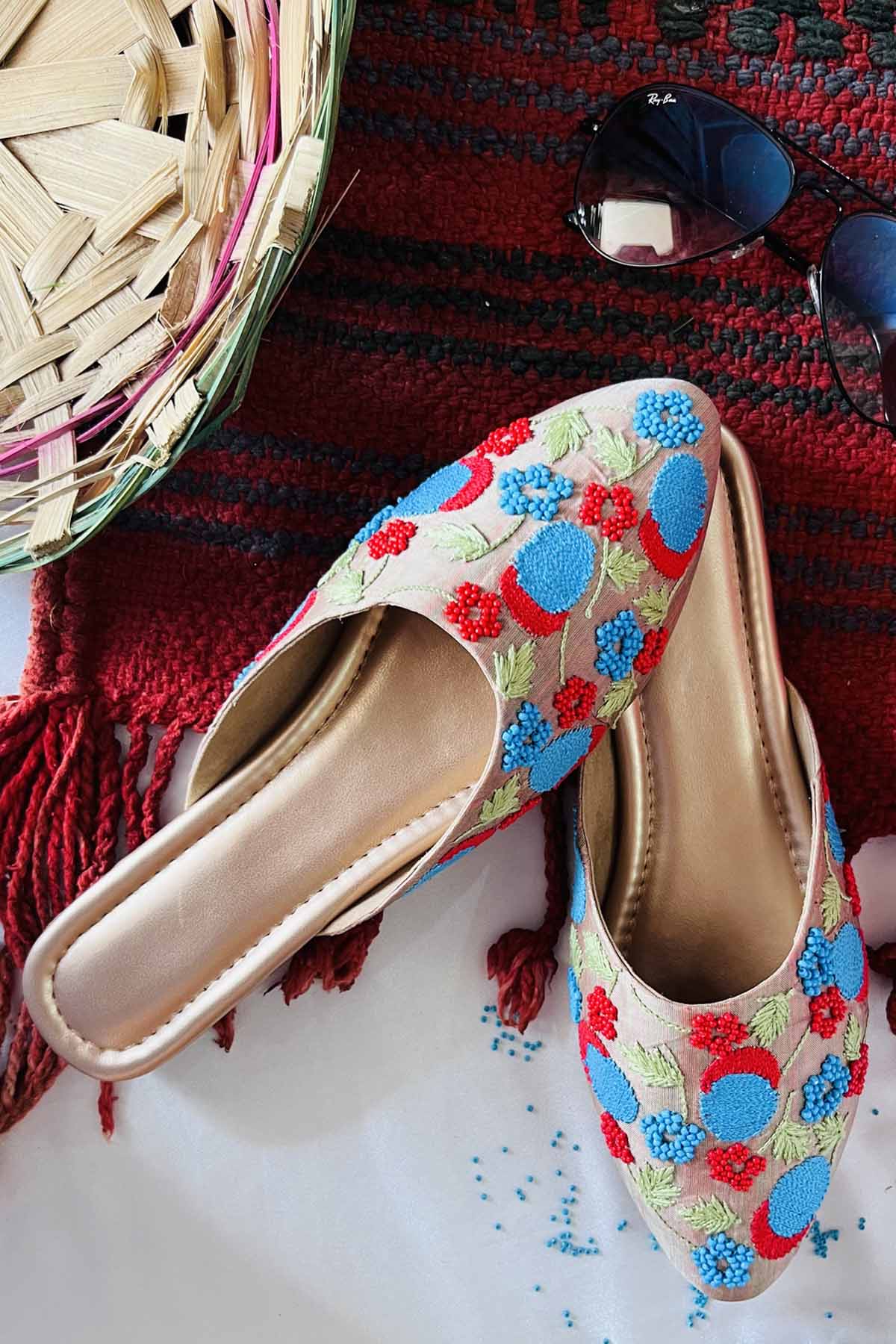 Brown Embroidered Flat Mules