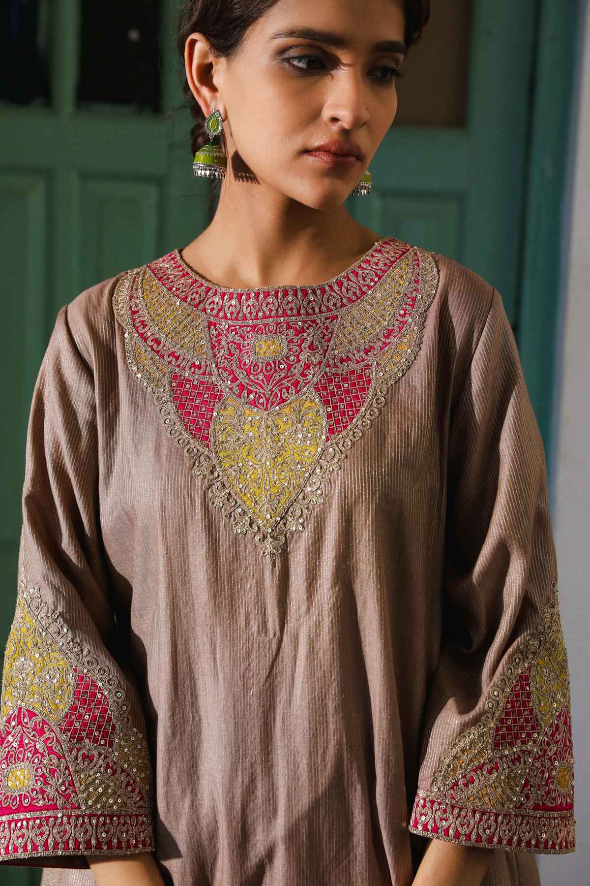 Brown Embroidered Kurta Set