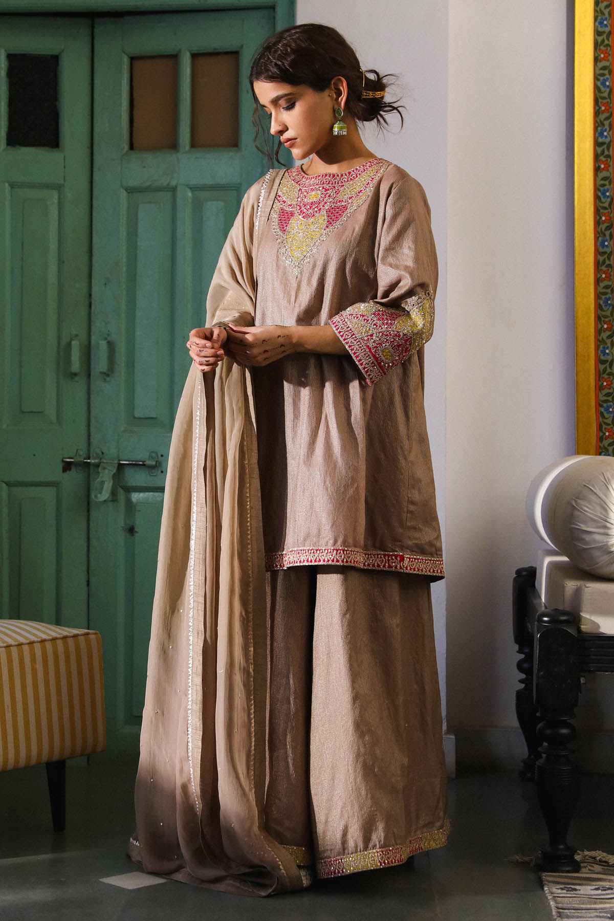 Brown Embroidered Kurta Set