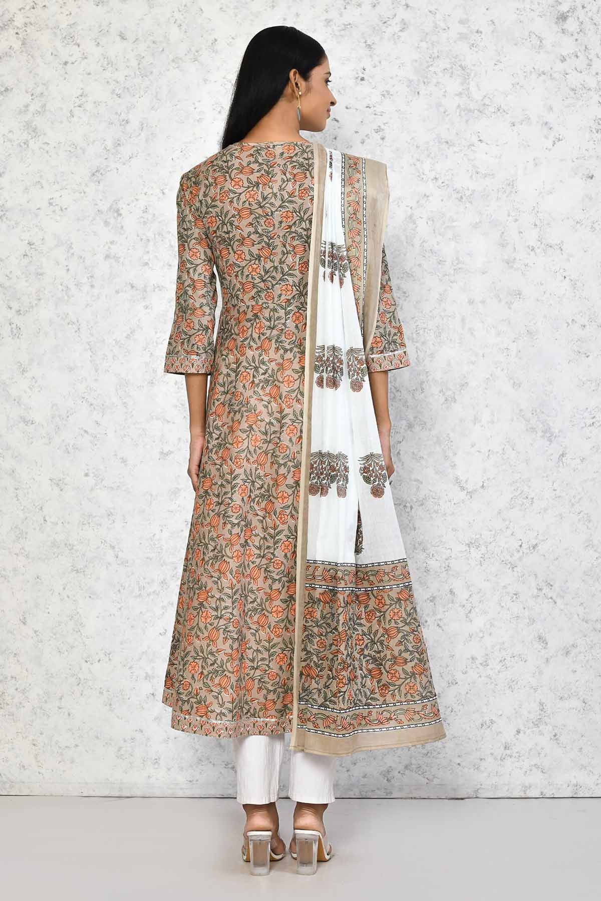 Brown Floral Print Kurta & Dupatta