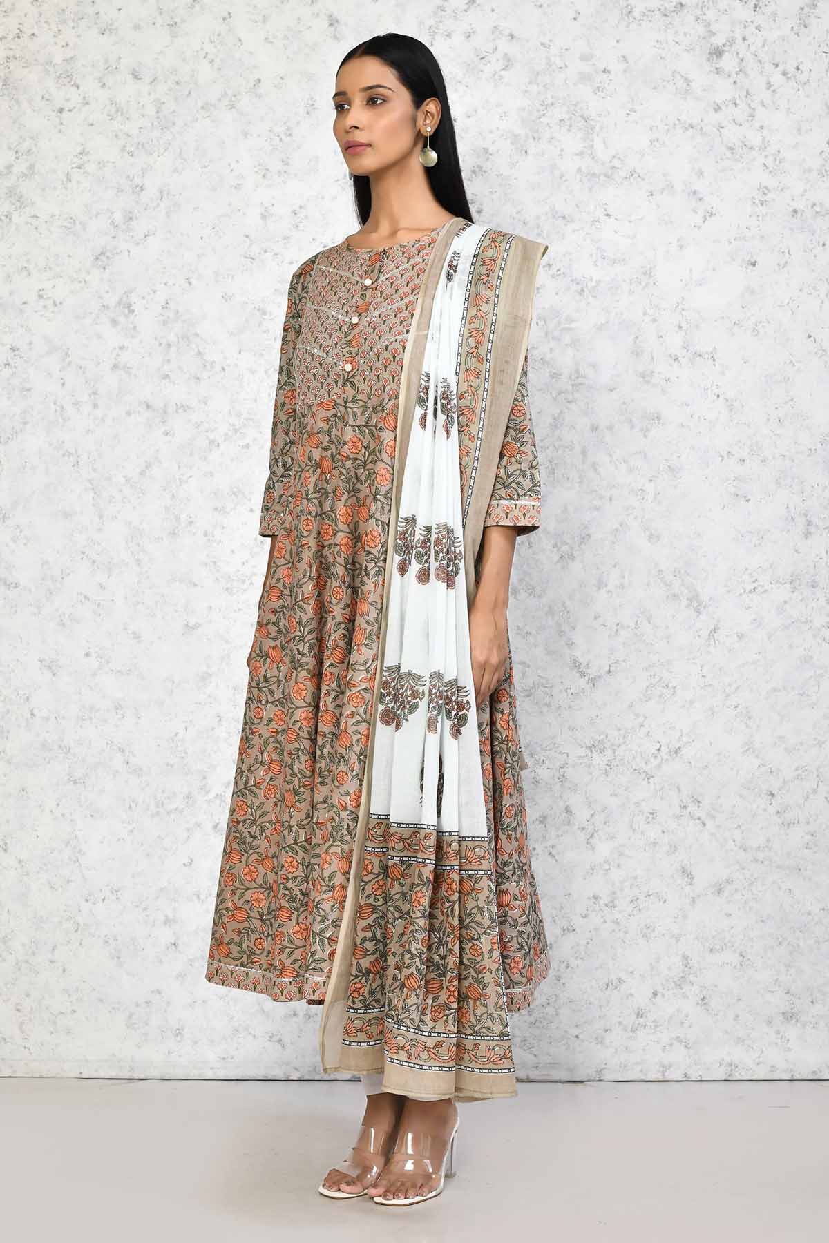 Brown Floral Print Kurta & Dupatta