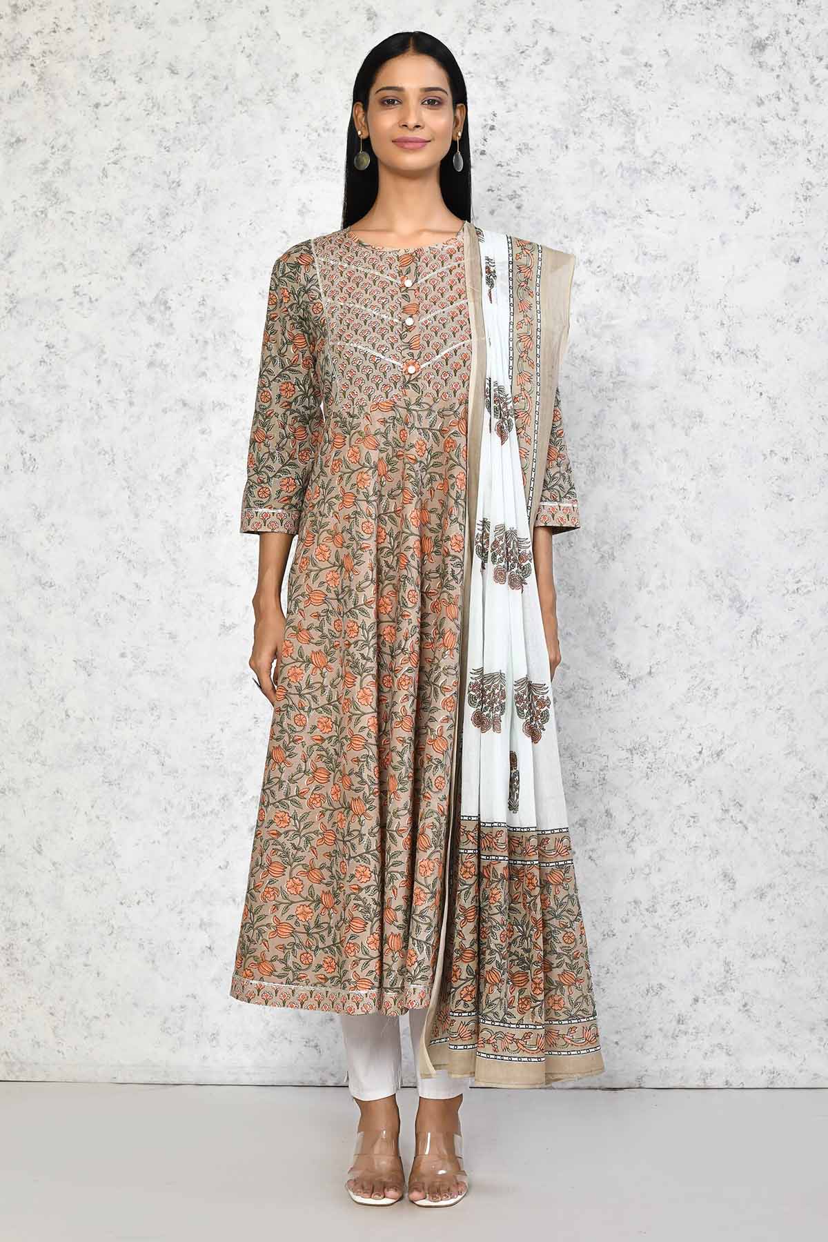 Brown Floral Print Kurta & Dupatta
