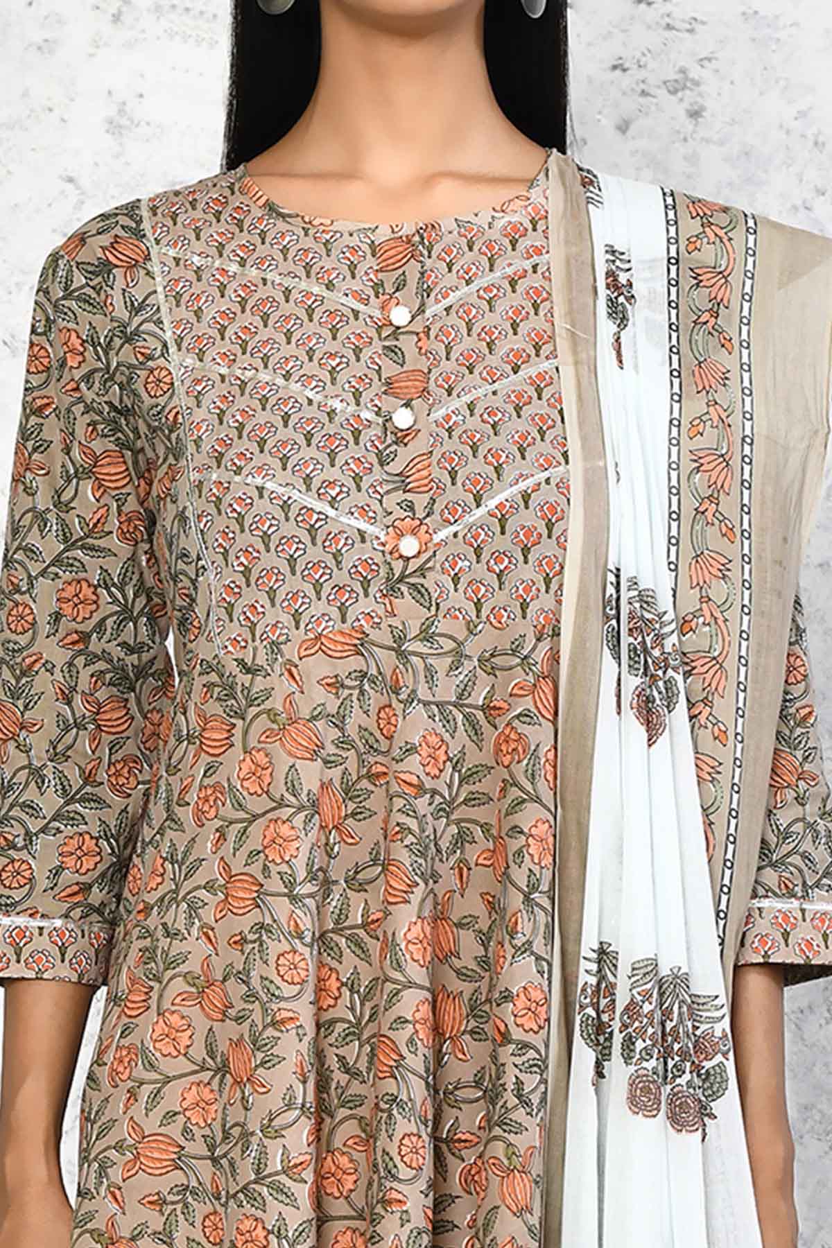 Brown Floral Print Kurta & Dupatta