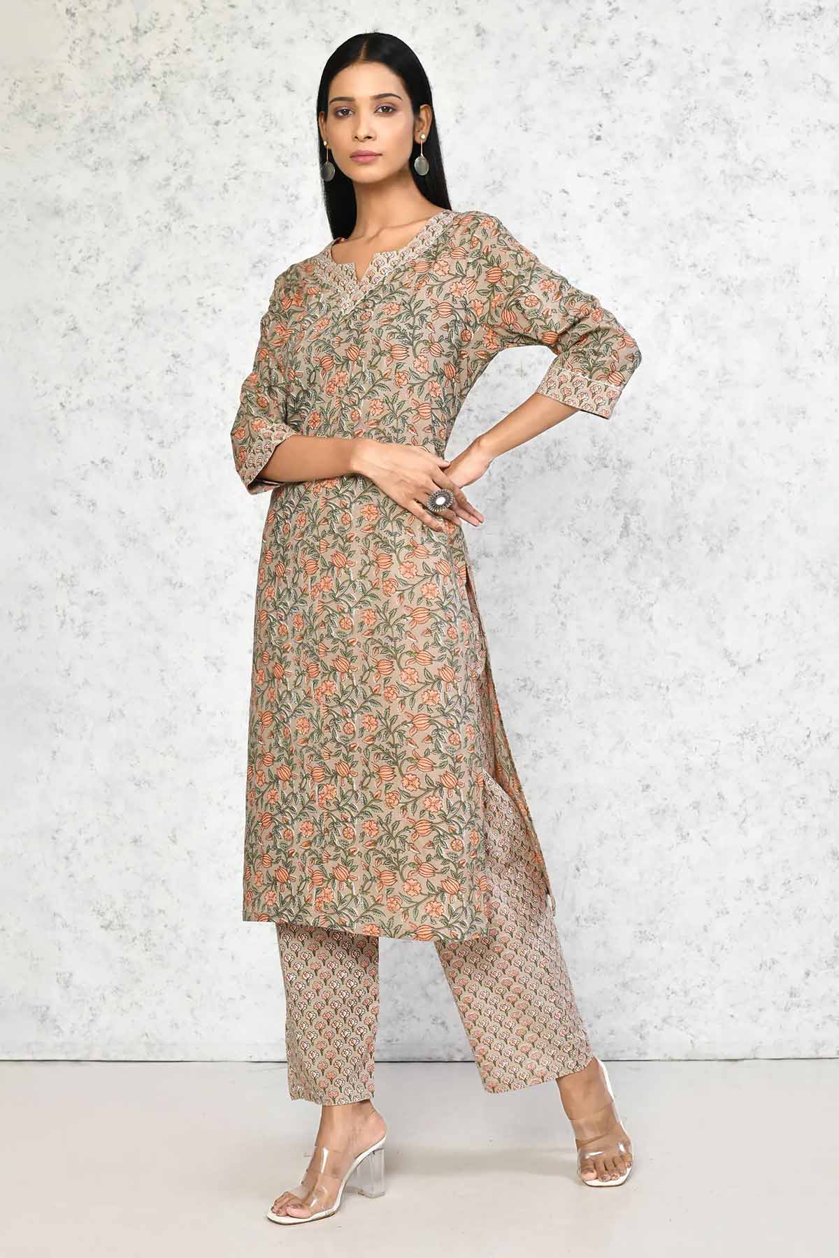Brown Floral Printed Kurta Set