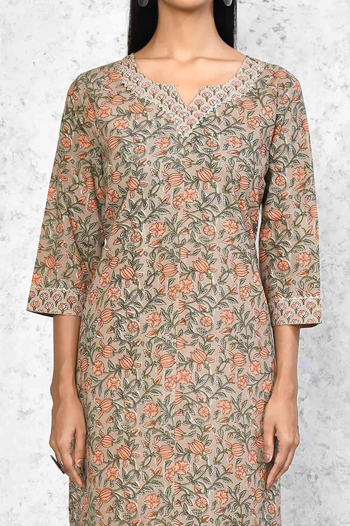 Brown Floral Printed Kurta Set
