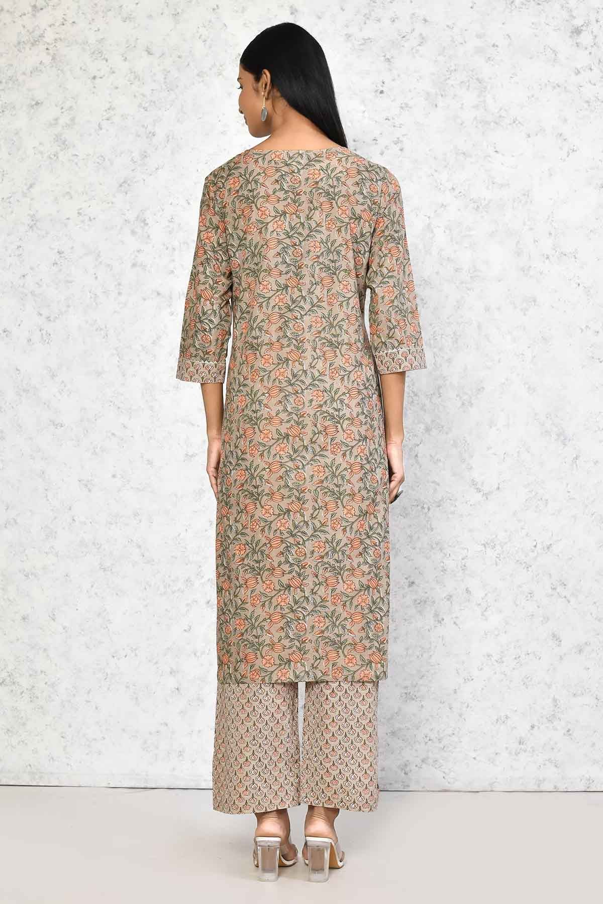 Brown Floral Printed Kurta Set