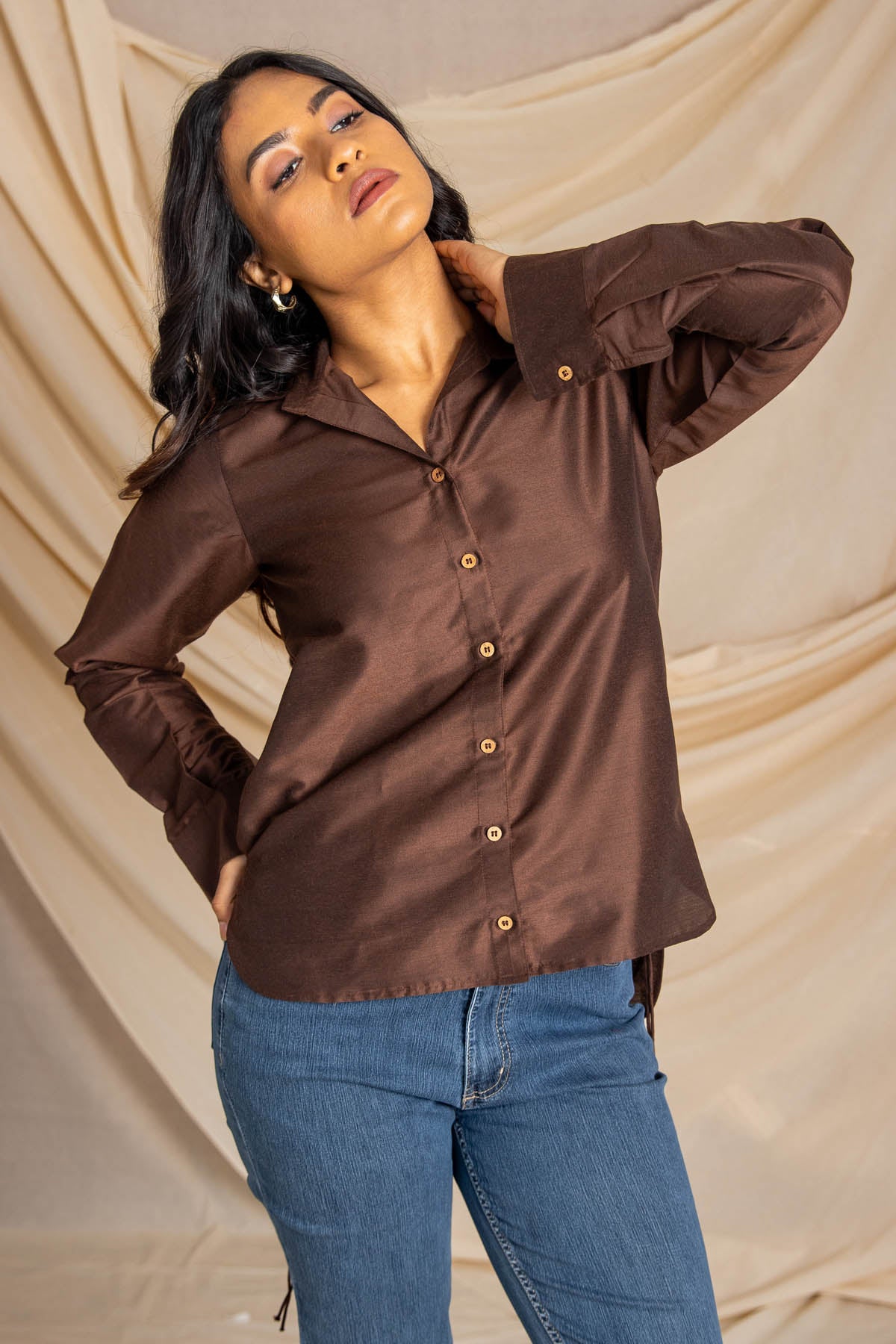 Brown High Low Buttoned Shirt