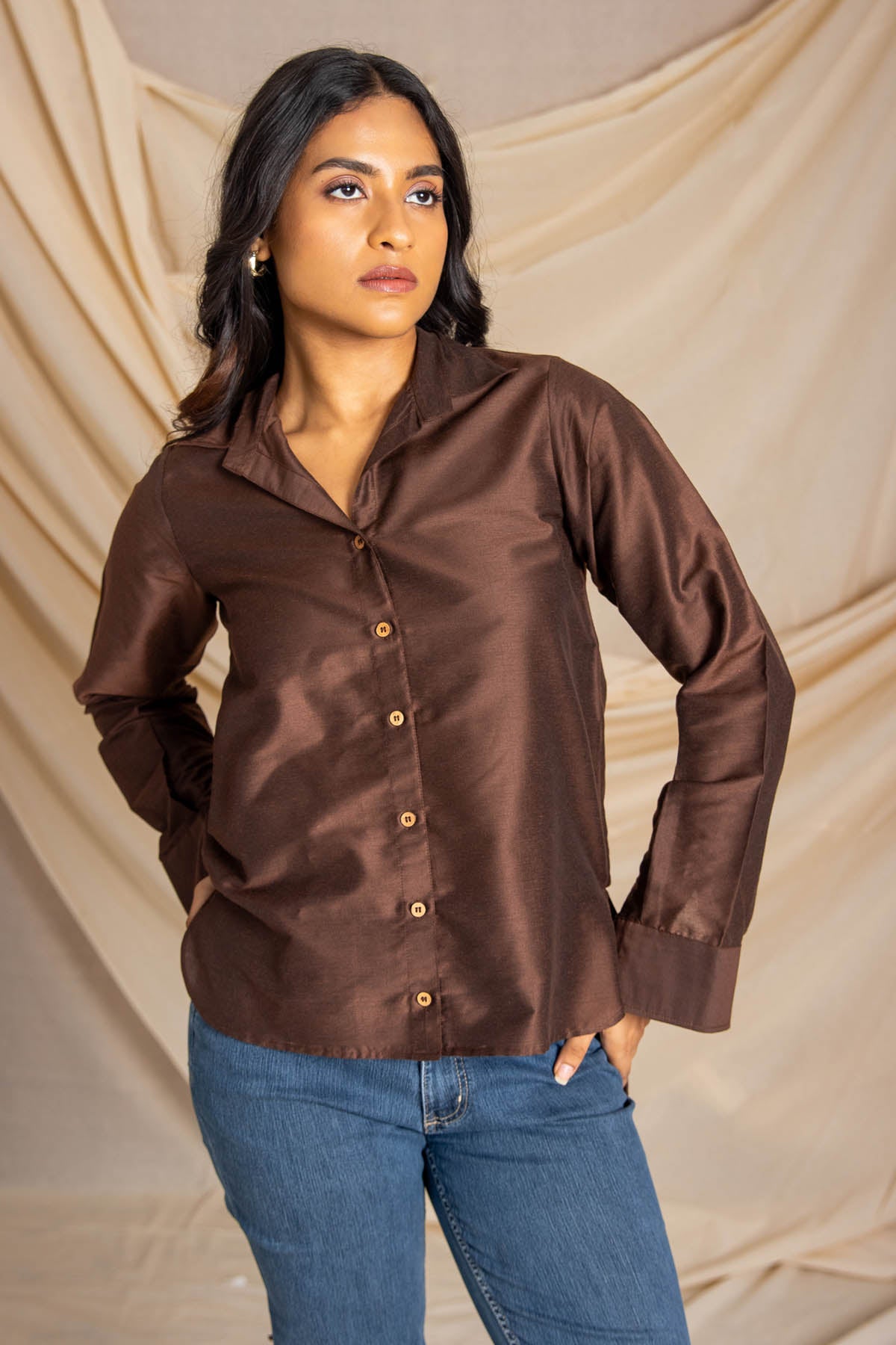 Brown High Low Buttoned Shirt