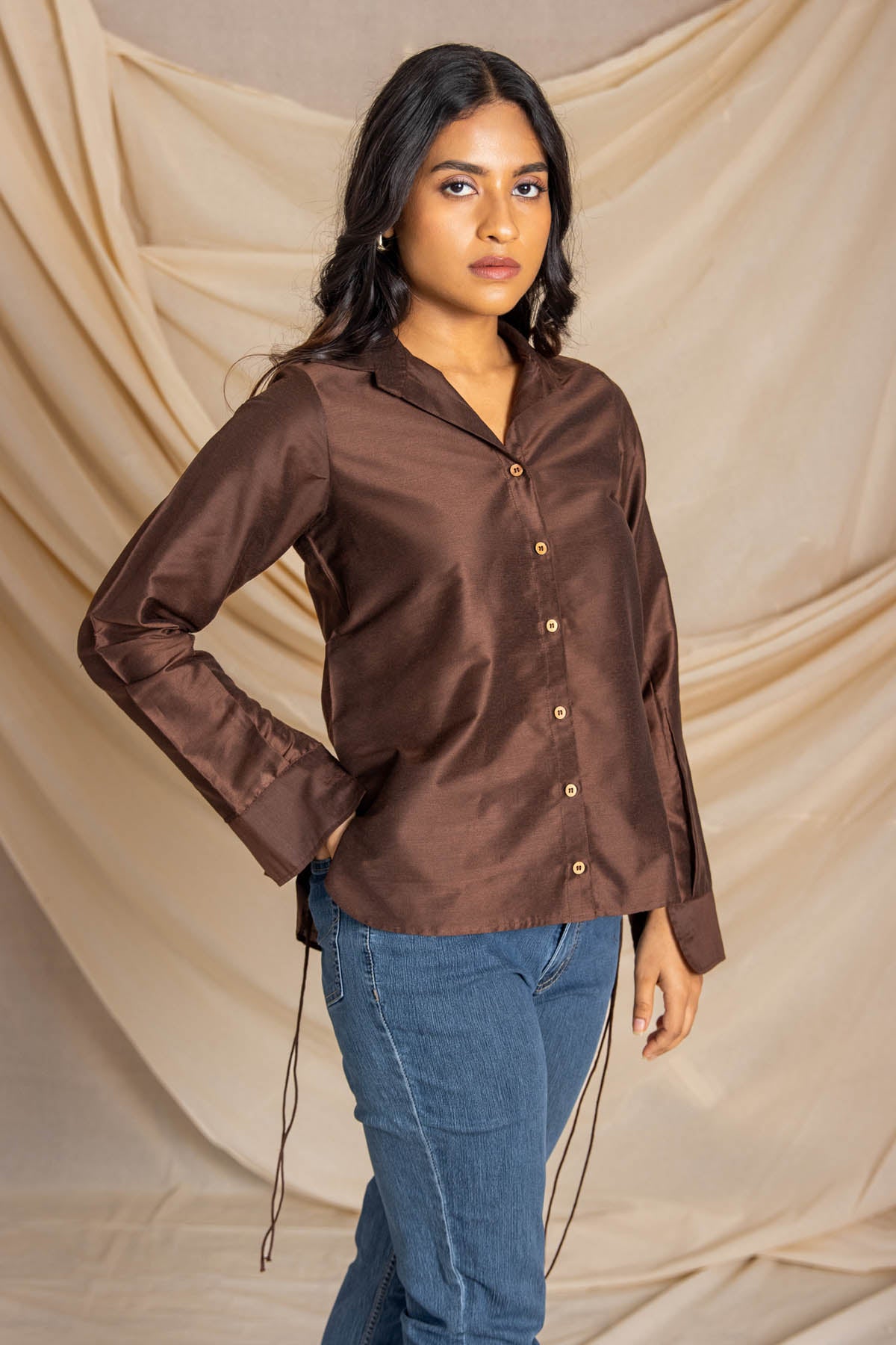 Brown High Low Buttoned Shirt