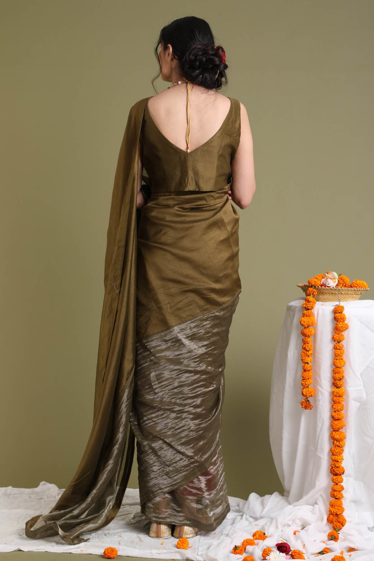 Brown Silver Saree & Blouse
