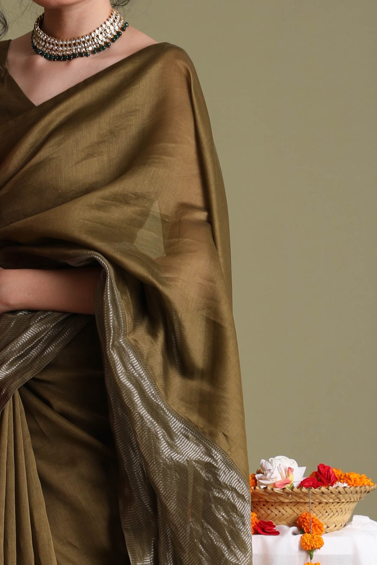 Brown Silver Saree & Blouse