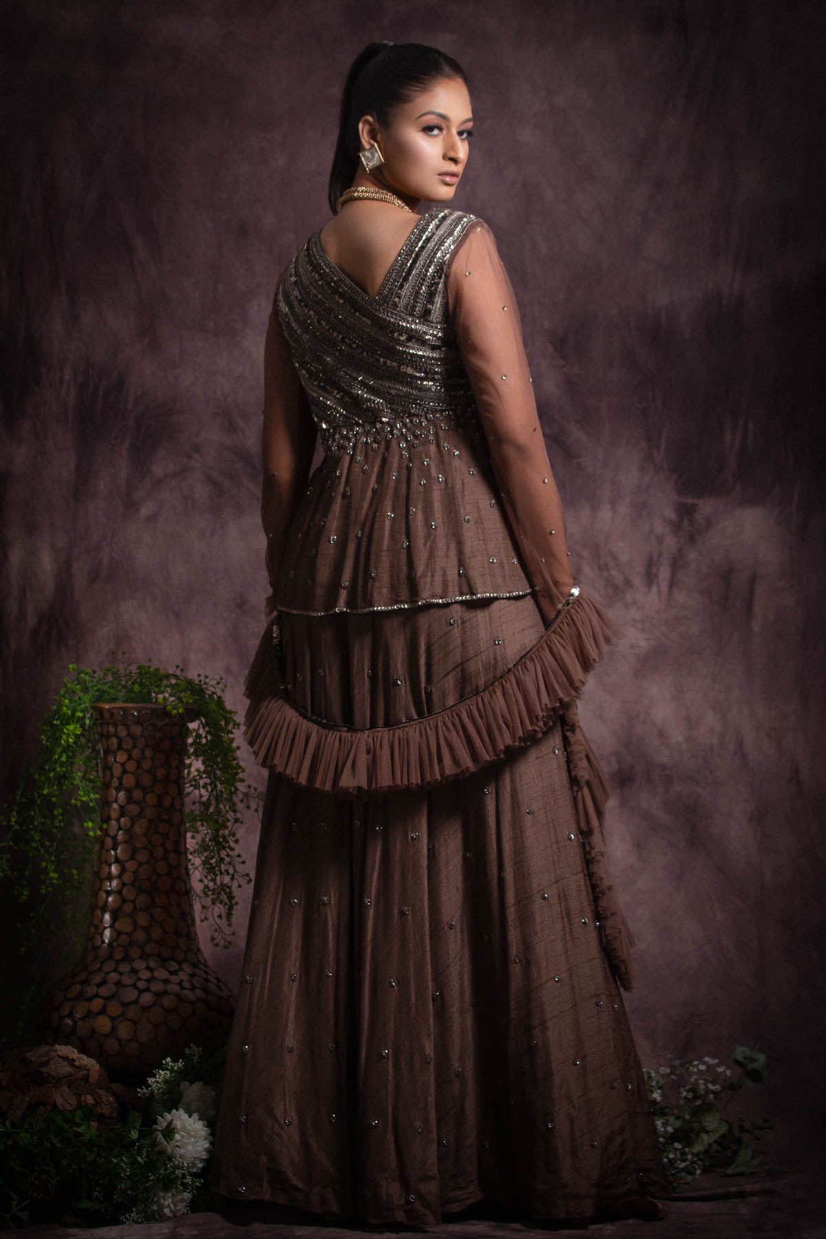 Brown Viscose Silk Gown & Dupatta