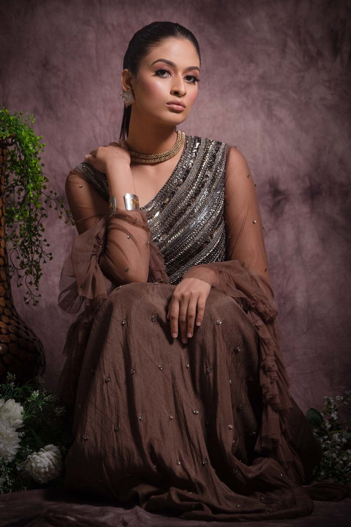 Brown Viscose Silk Gown & Dupatta