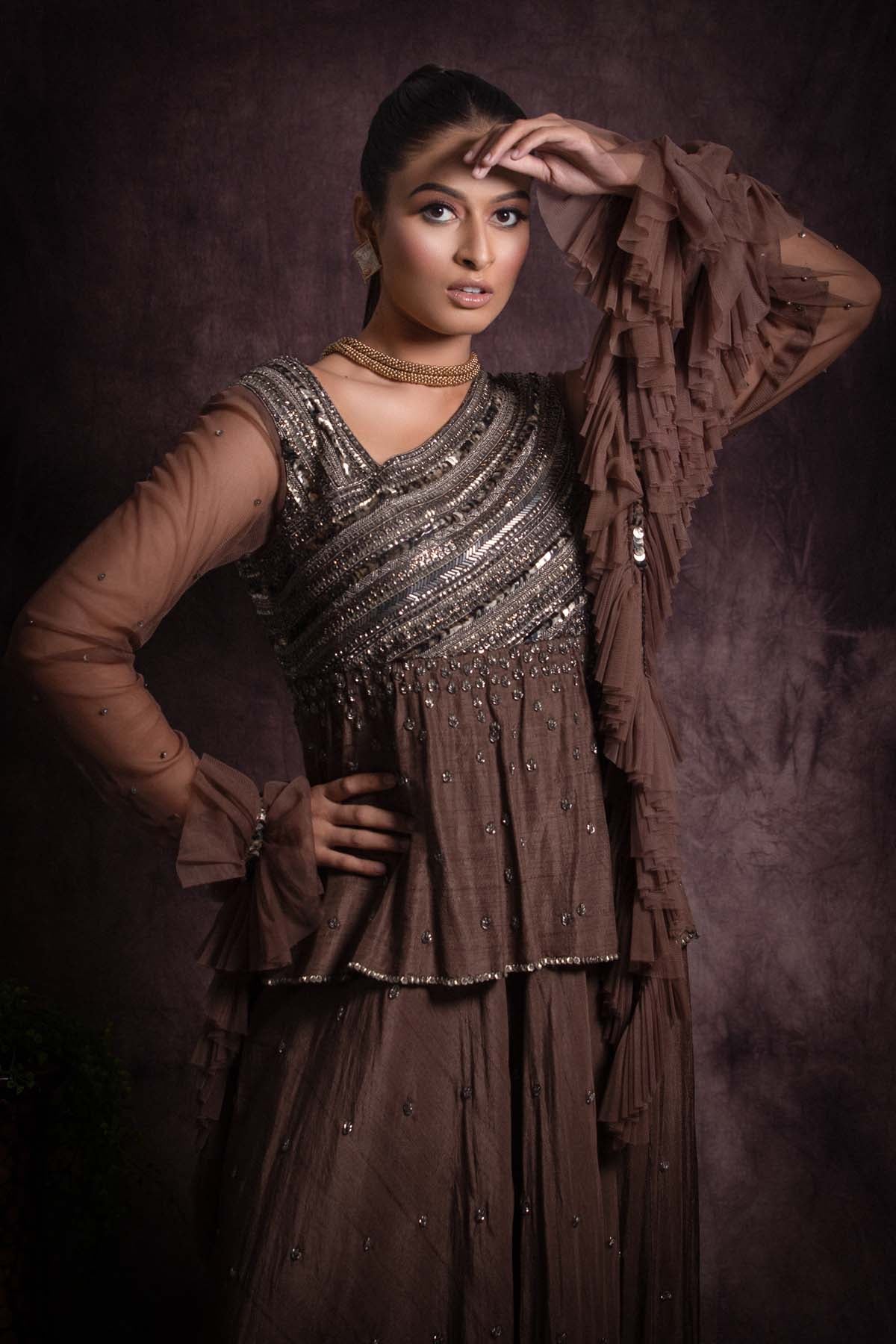 Brown Viscose Silk Gown & Dupatta