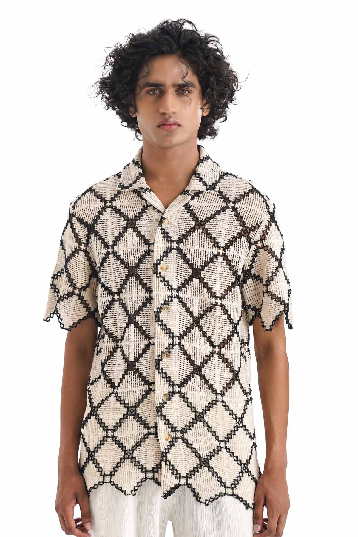 Notre Ame - Men Brown 100% Cotton Crochet Shirt for men online at ScrollnShops