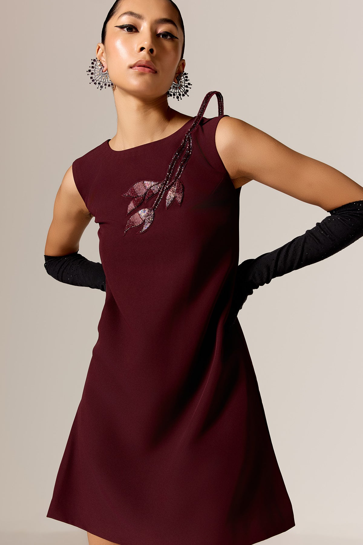 Brown 3D Embroidered Shift Dress