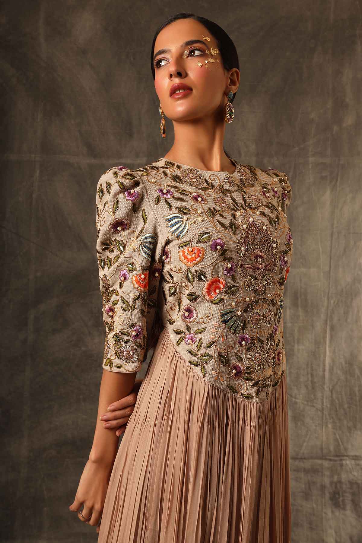 Brown A-Line Gathered Midi Dress