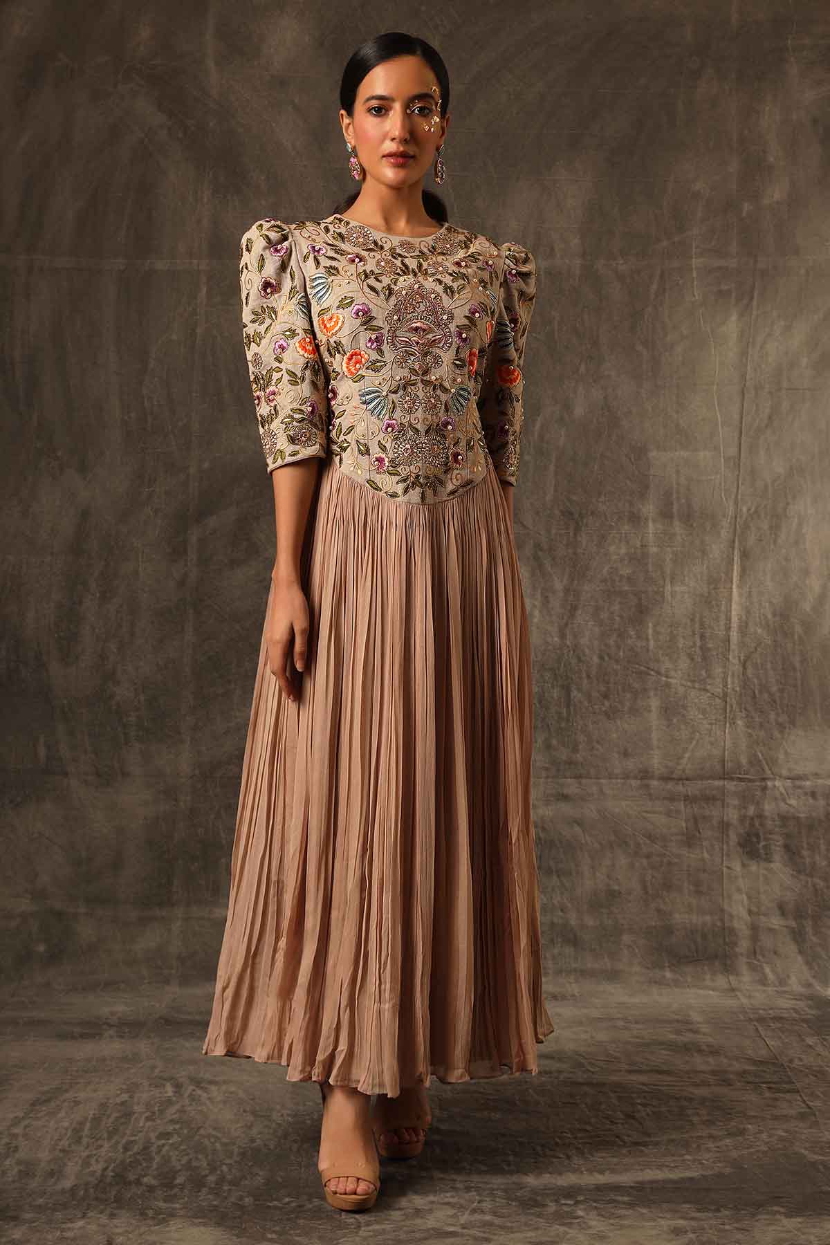 Brown A-Line Gathered Midi Dress