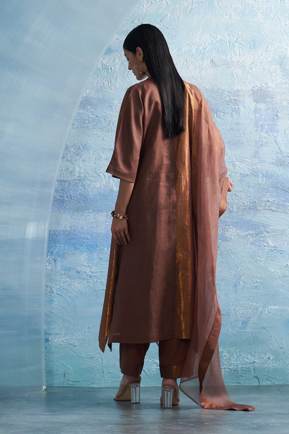 Brown A-Line V-Neck Kurta Set