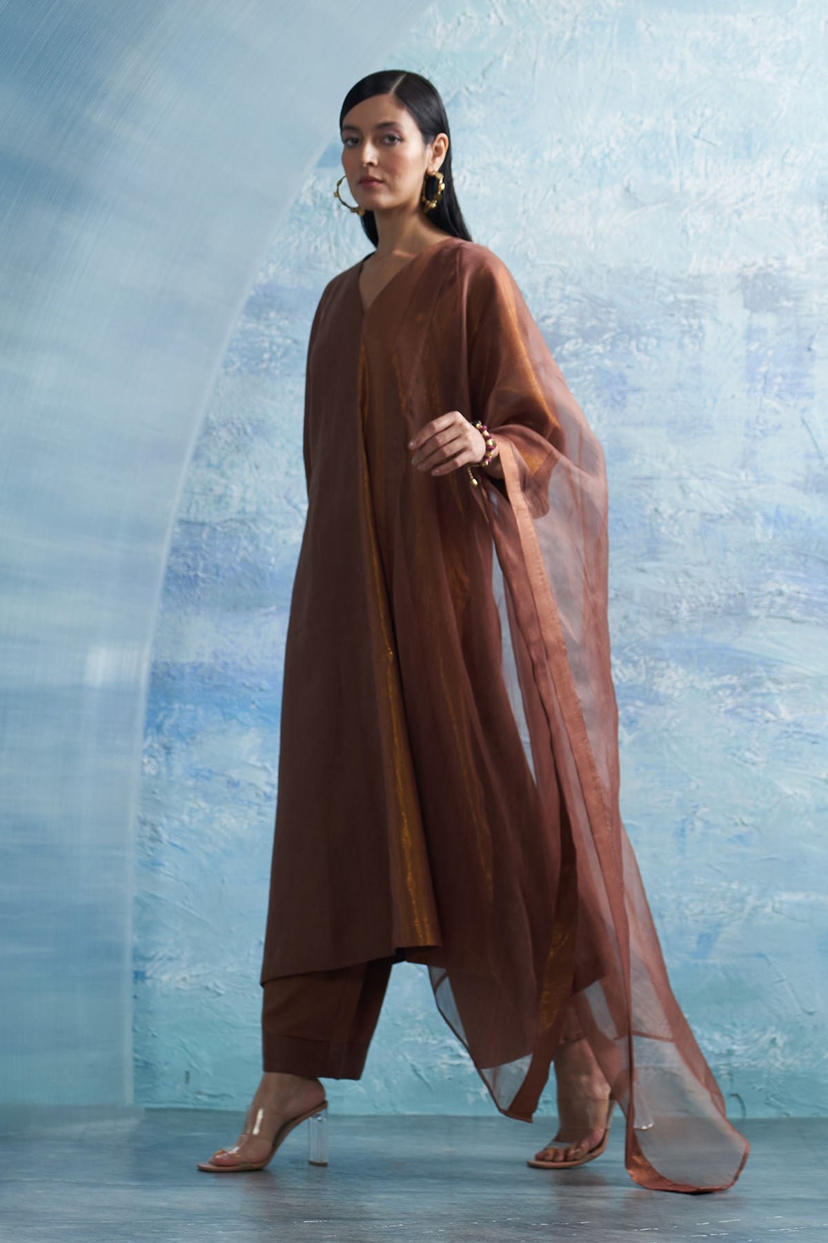 Brown A-Line V-Neck Kurta Set