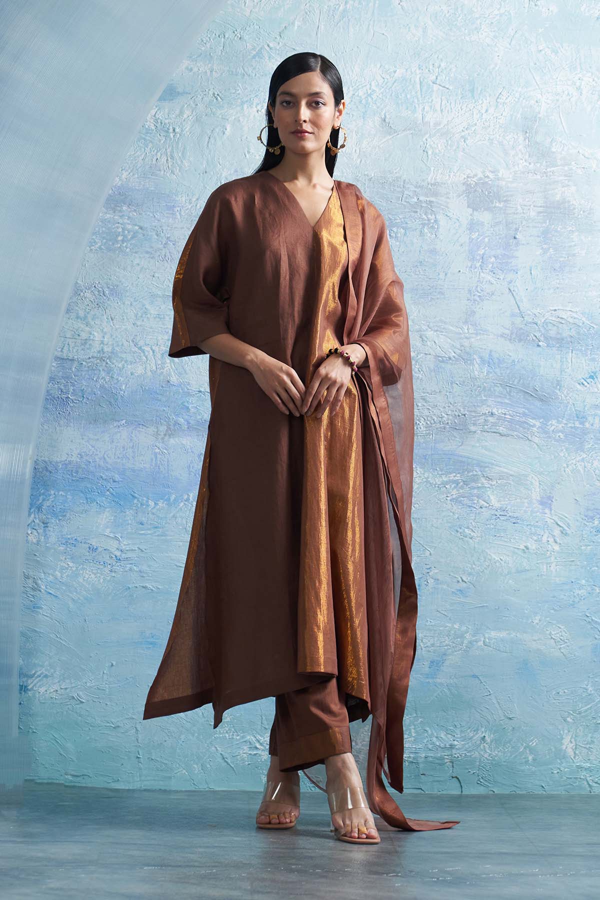 Brown A-Line V-Neck Kurta Set