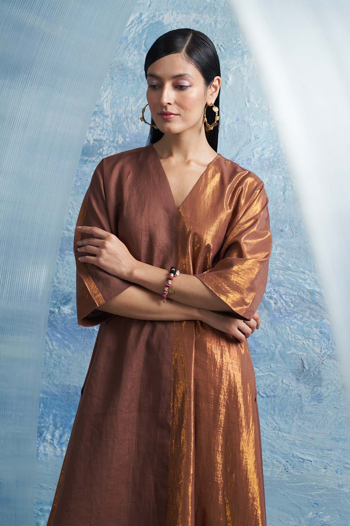 Brown A-Line V-Neck Kurta Set