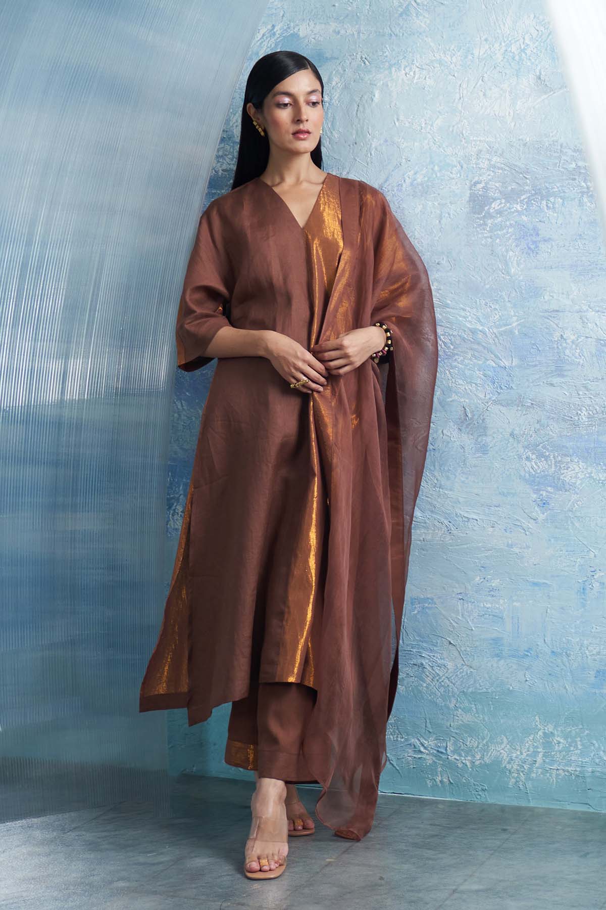 Buy Brown A-Line V-Neck Kurta Set by Charkhee for women online at ScrollnShops