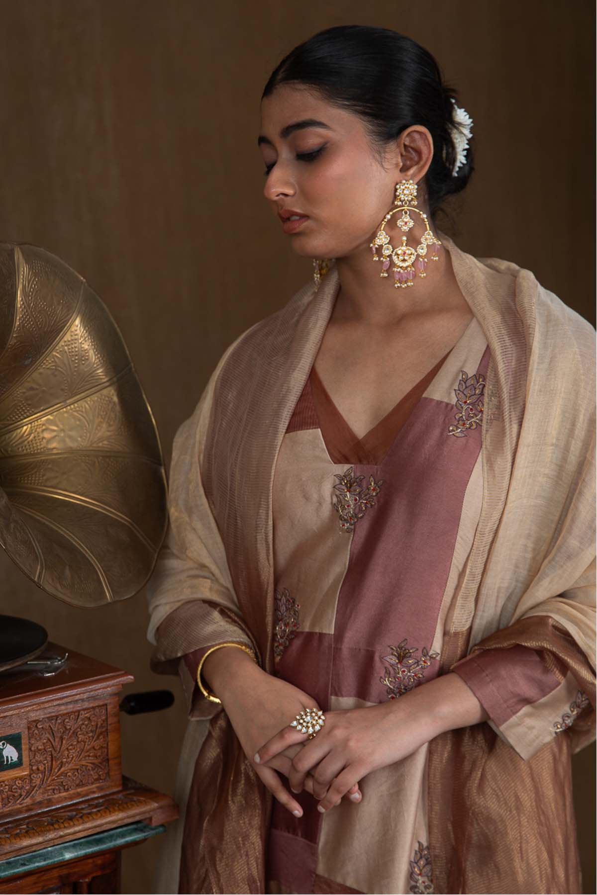 Brown Aari Embroidered Kurta Set